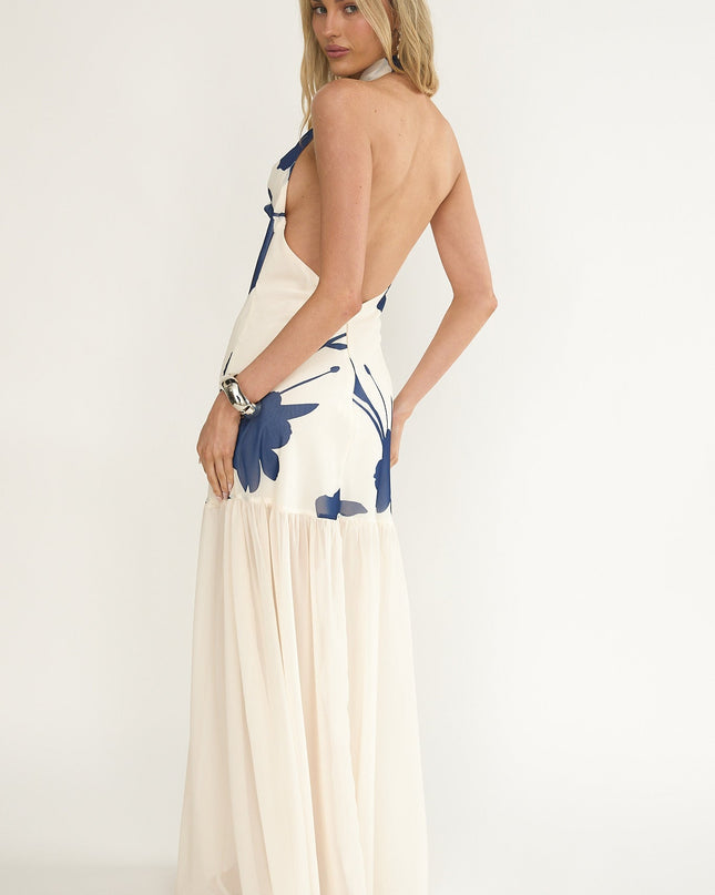 Beige Cowl Halter Maxi Dress Floral