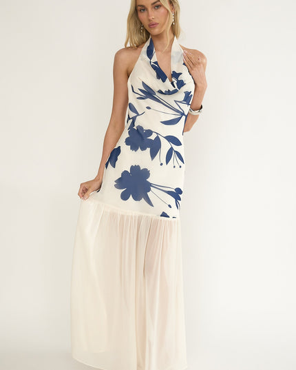 Beige Cowl Halter Maxi Dress Floral