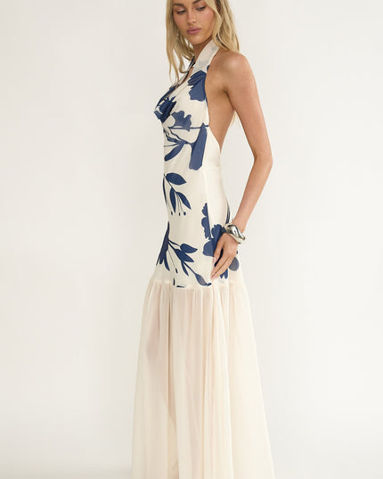 Beige Cowl Halter Maxi Dress Floral