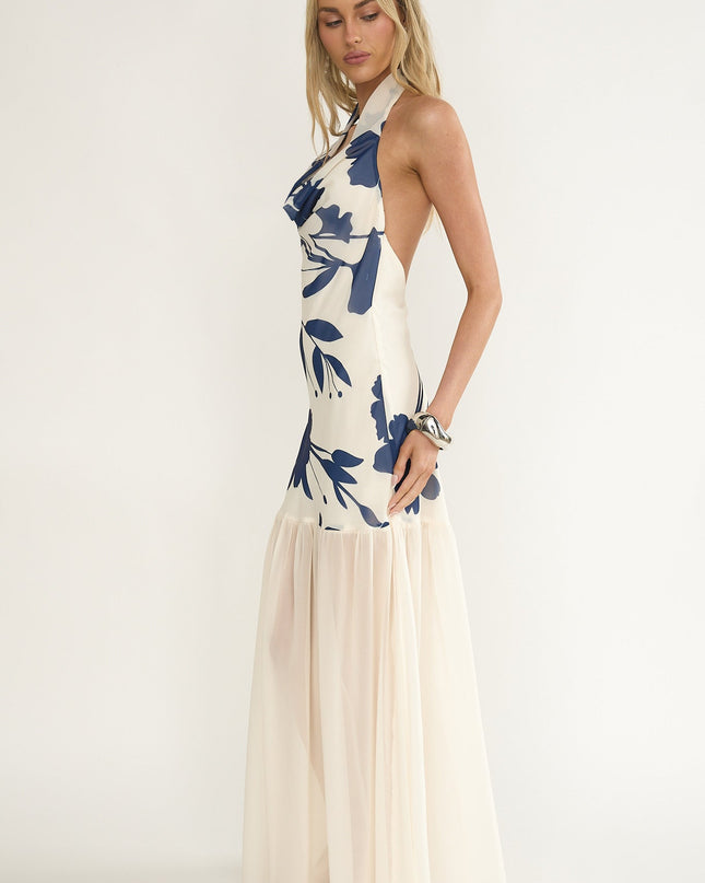 Beige Cowl Halter Maxi Dress Floral