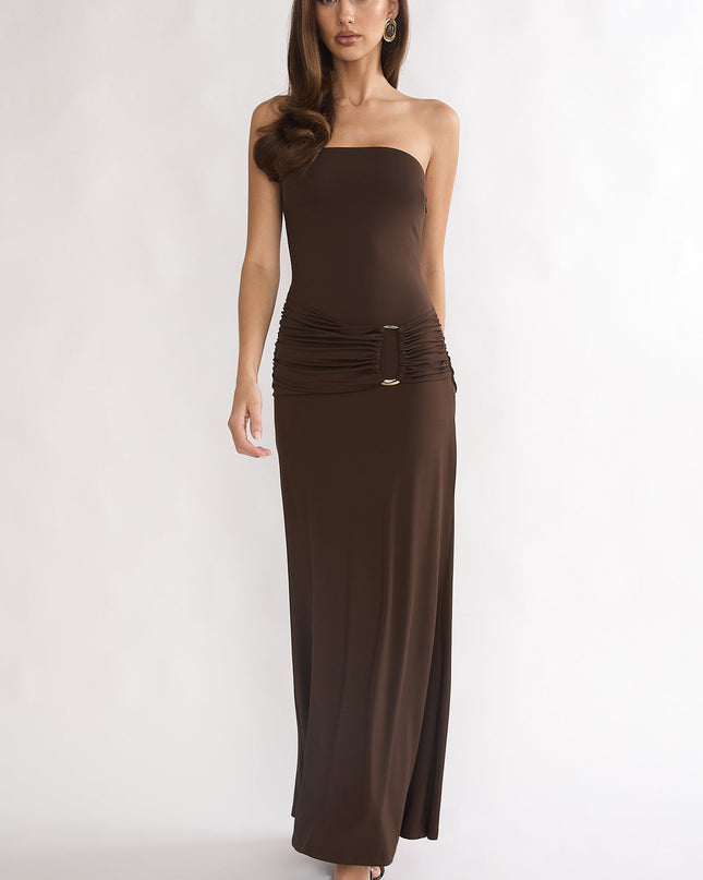 Chocolate Strapless Ruched Waist Maxi Dress