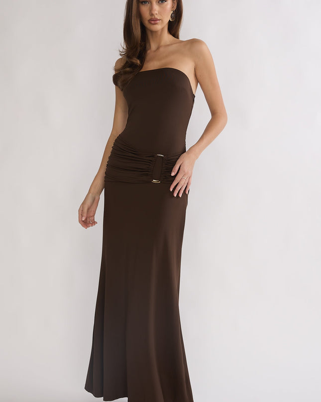 Chocolate Strapless Ruched Waist Maxi Dress