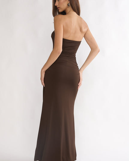 Chocolate Strapless Ruched Waist Maxi Dress