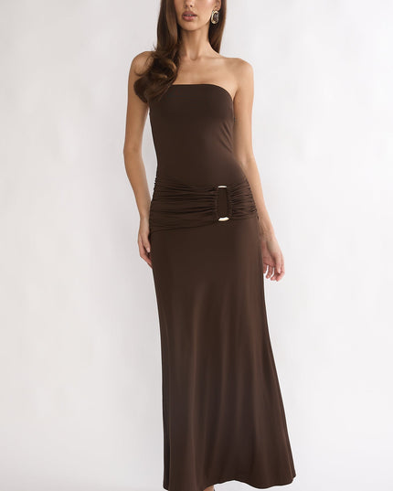 Chocolate Strapless Ruched Waist Maxi Dress