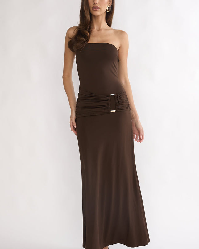 Chocolate Strapless Ruched Waist Maxi Dress