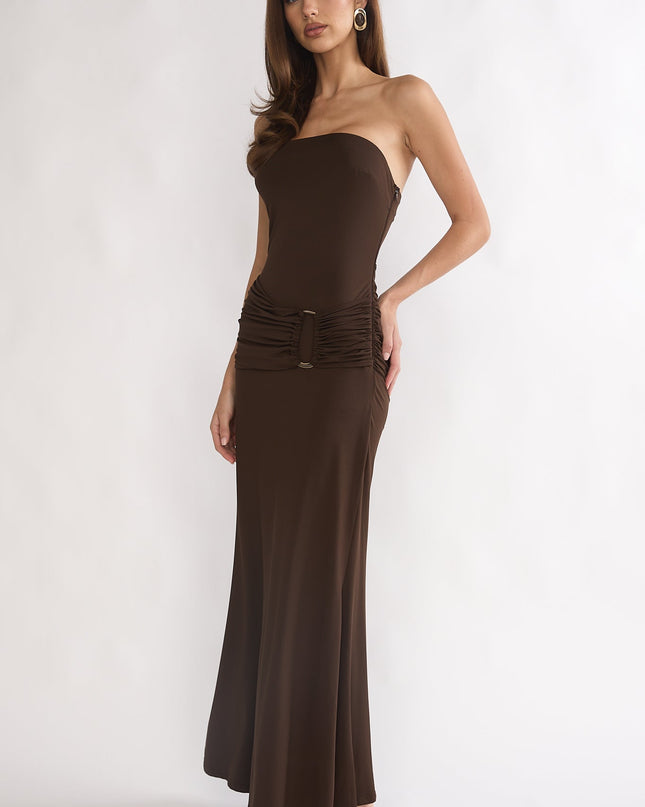 Chocolate Strapless Ruched Waist Maxi Dress