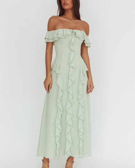 Sage Scarlet Off-Shoulder Ruffle Trim Maxi Dress