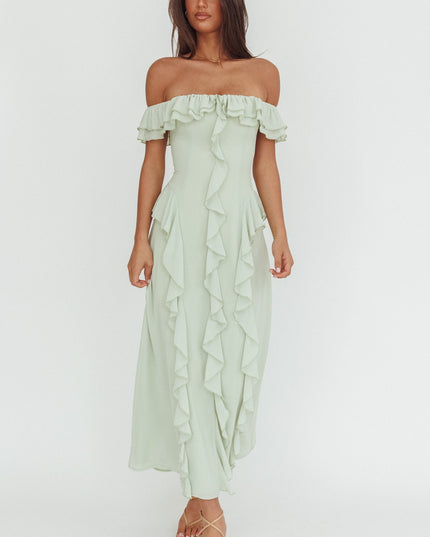 Sage Scarlet Off-Shoulder Ruffle Trim Maxi Dress