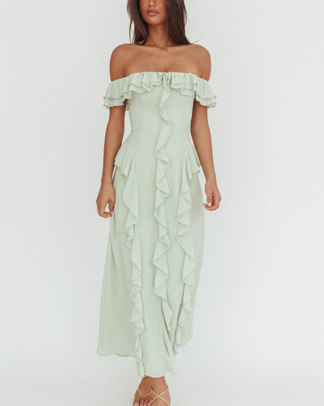 Sage Scarlet Off-Shoulder Ruffle Trim Maxi Dress