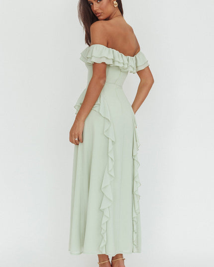 Sage Scarlet Off-Shoulder Ruffle Trim Maxi Dress