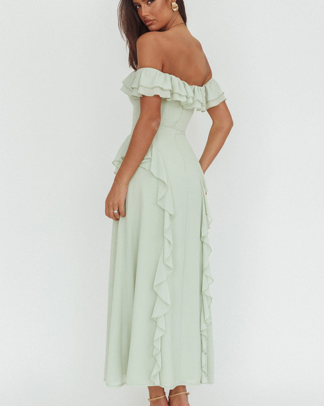 Sage Scarlet Off-Shoulder Ruffle Trim Maxi Dress