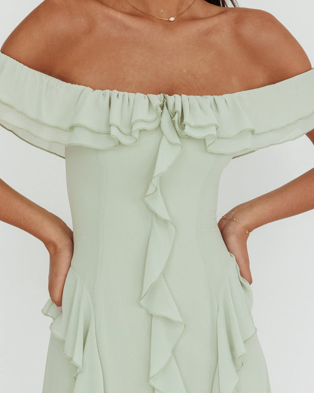 Sage Scarlet Off-Shoulder Ruffle Trim Maxi Dress