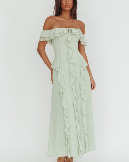 Sage Scarlet Off-Shoulder Ruffle Trim Maxi Dress