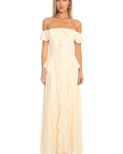 Butter Scarlet Off-Shoulder Ruffle Trim Maxi Dress