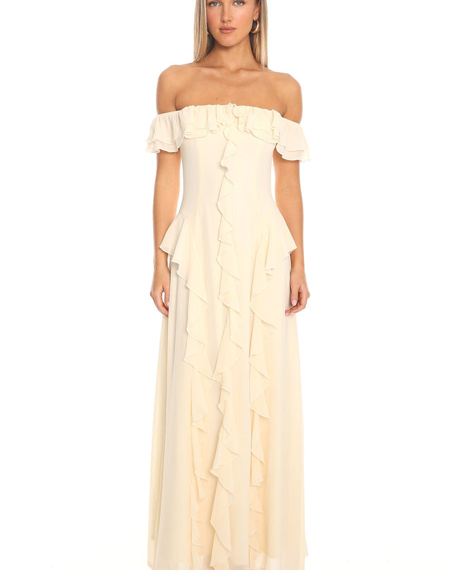 Butter Scarlet Off-Shoulder Ruffle Trim Maxi Dress