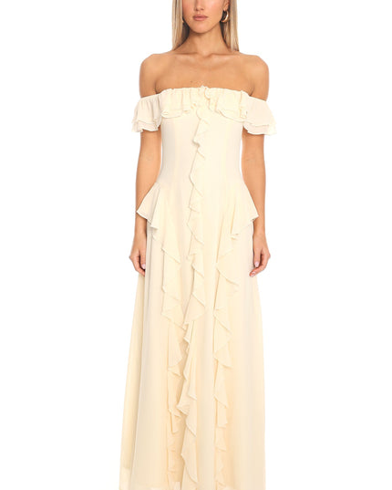Butter Scarlet Off-Shoulder Ruffle Trim Maxi Dress