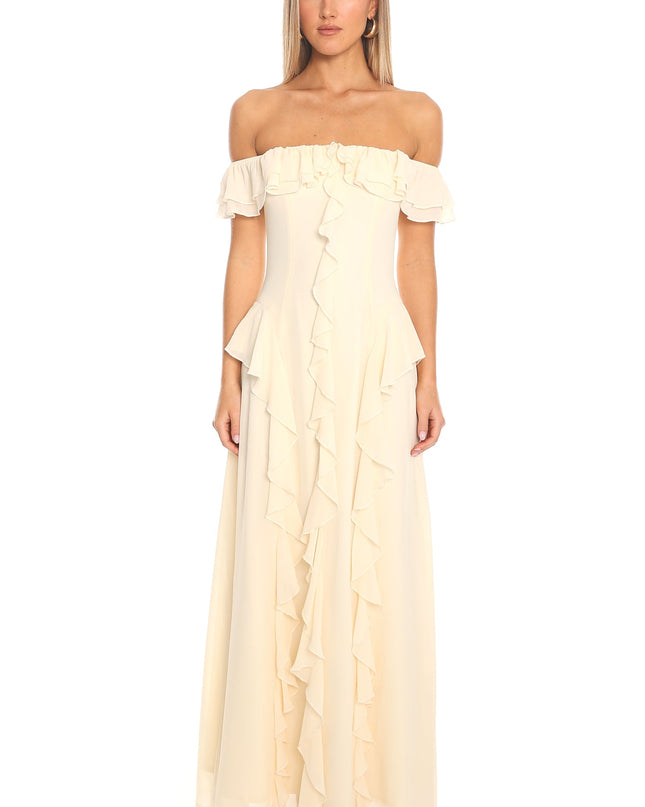 Butter Scarlet Off-Shoulder Ruffle Trim Maxi Dress