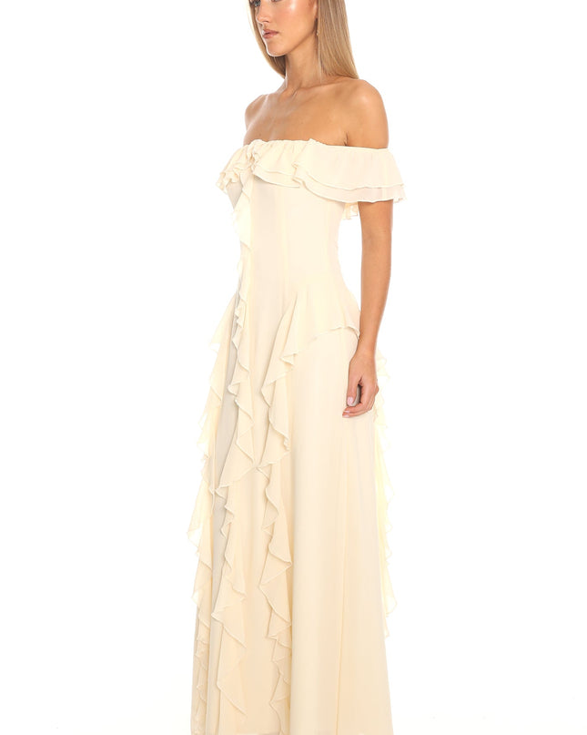 Butter Scarlet Off-Shoulder Ruffle Trim Maxi Dress