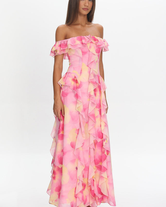 Pink Scarlet Off-Shoulder Ruffle Trim Maxi Dress Print