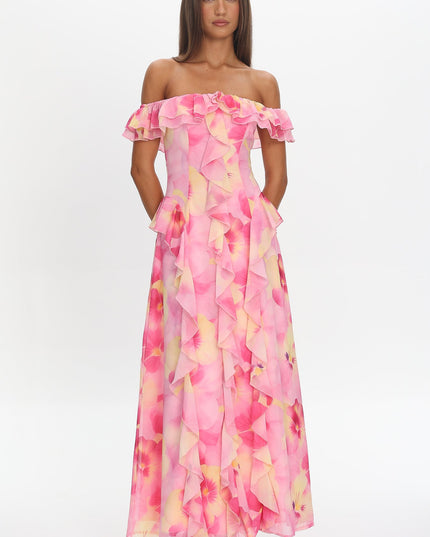 Pink Scarlet Off-Shoulder Ruffle Trim Maxi Dress Print