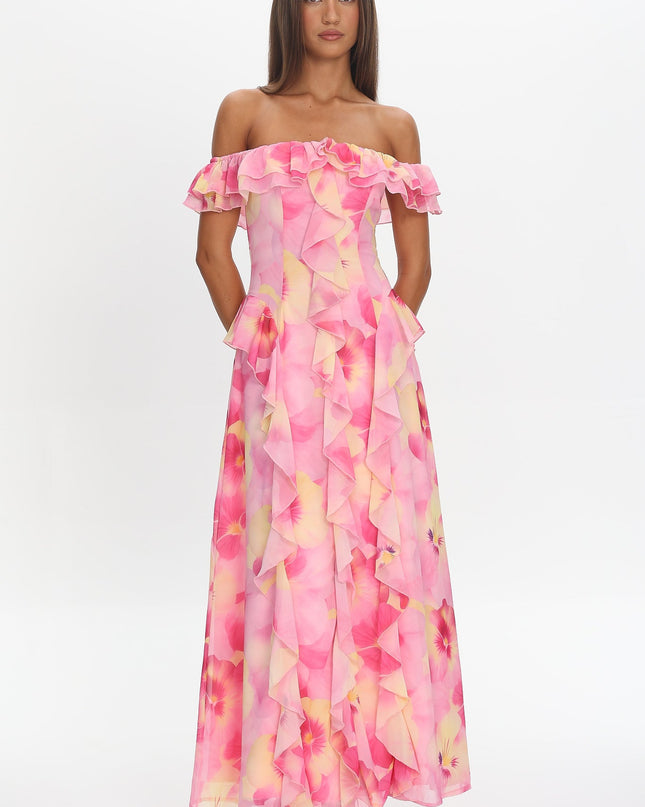 Pink Scarlet Off-Shoulder Ruffle Trim Maxi Dress Print
