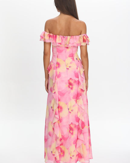 Pink Scarlet Off-Shoulder Ruffle Trim Maxi Dress Print