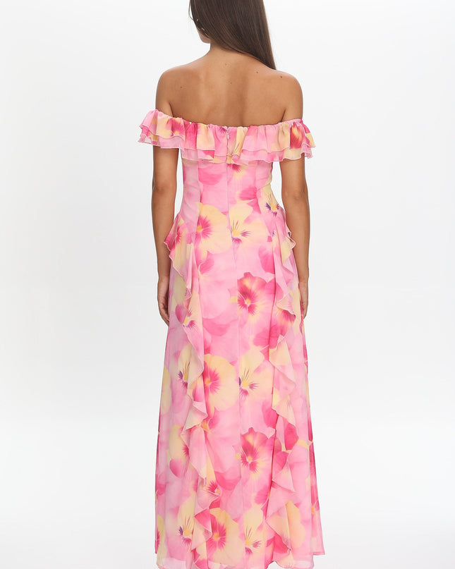 Pink Scarlet Off-Shoulder Ruffle Trim Maxi Dress Print