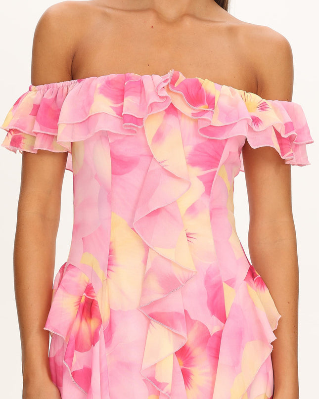 Pink Scarlet Off-Shoulder Ruffle Trim Maxi Dress Print