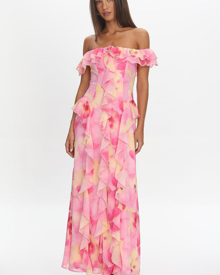 Pink Scarlet Off-Shoulder Ruffle Trim Maxi Dress Print
