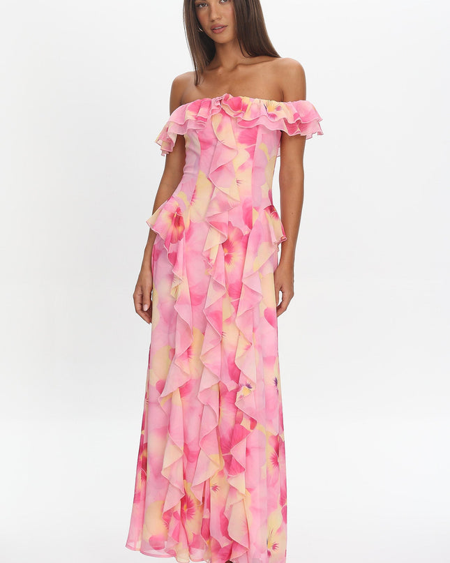 Pink Scarlet Off-Shoulder Ruffle Trim Maxi Dress Print