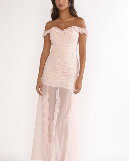 Pink Love Off Shoulder Frill Maxi Dress Power