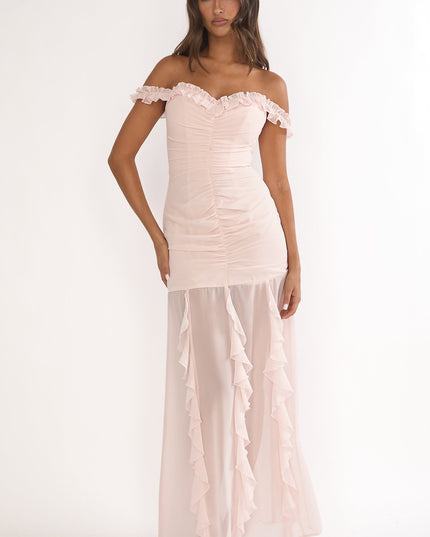 Pink Love Off Shoulder Frill Maxi Dress Power