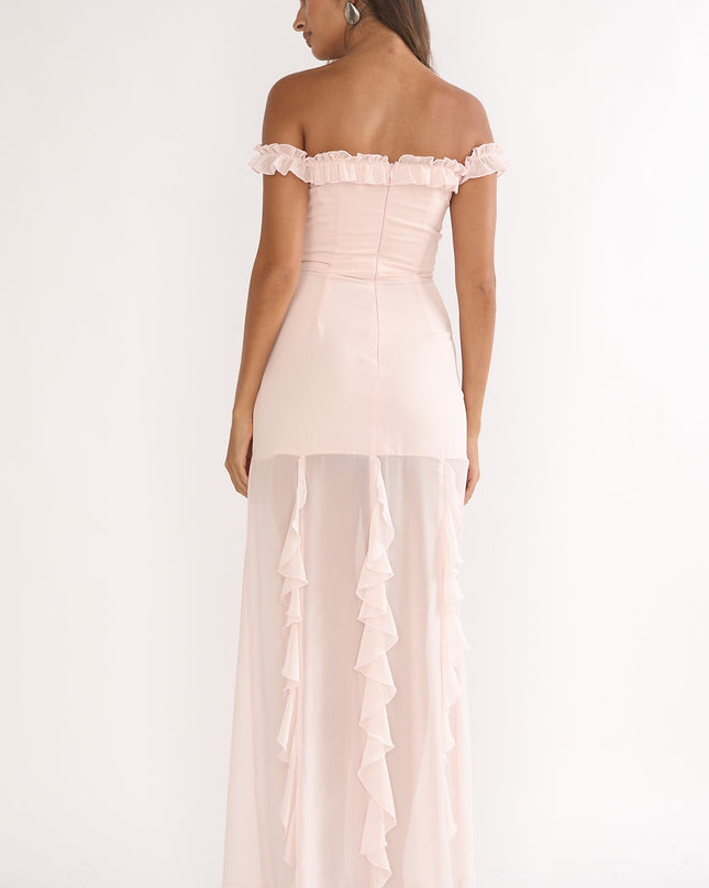 Pink Love Off Shoulder Frill Maxi Dress Power