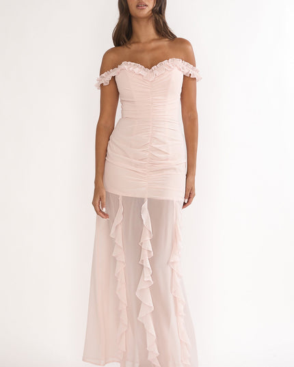 Pink Love Off Shoulder Frill Maxi Dress Power