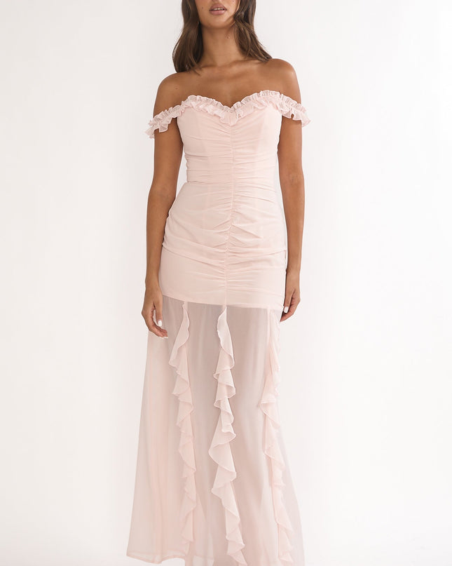 Pink Love Off Shoulder Frill Maxi Dress Power