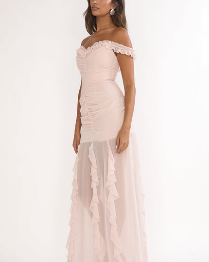 Pink Love Off Shoulder Frill Maxi Dress Power