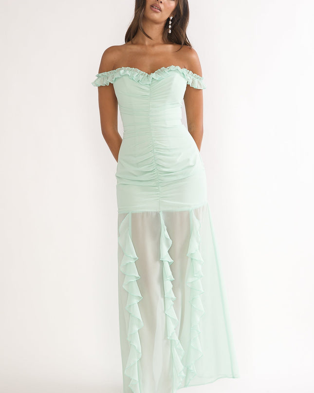Sage Love Off Shoulder Frill Maxi Dress
