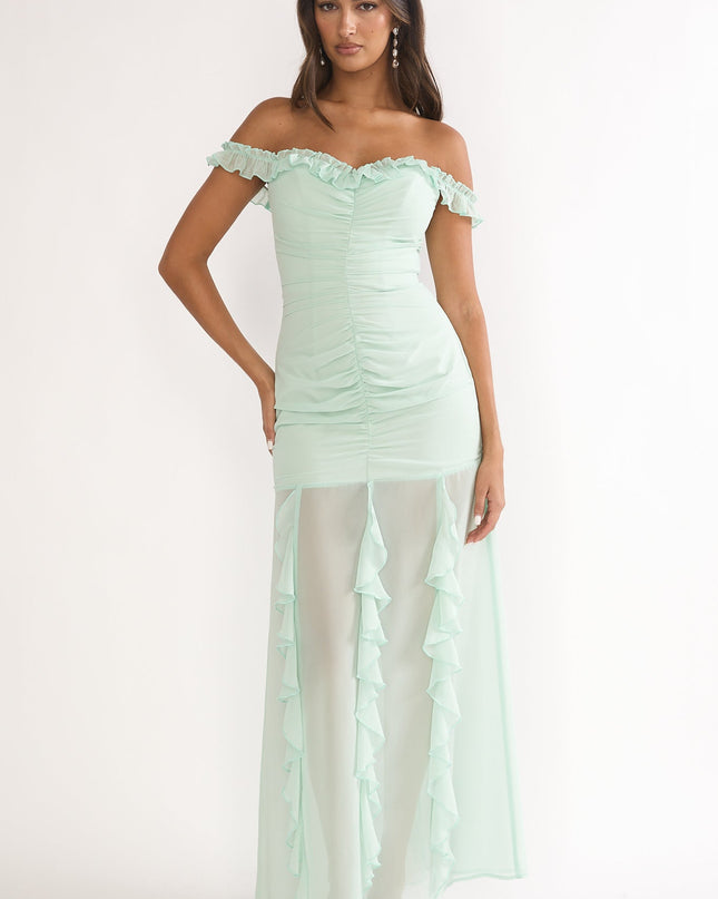 Sage Love Off Shoulder Frill Maxi Dress
