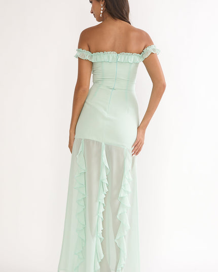 Sage Love Off Shoulder Frill Maxi Dress