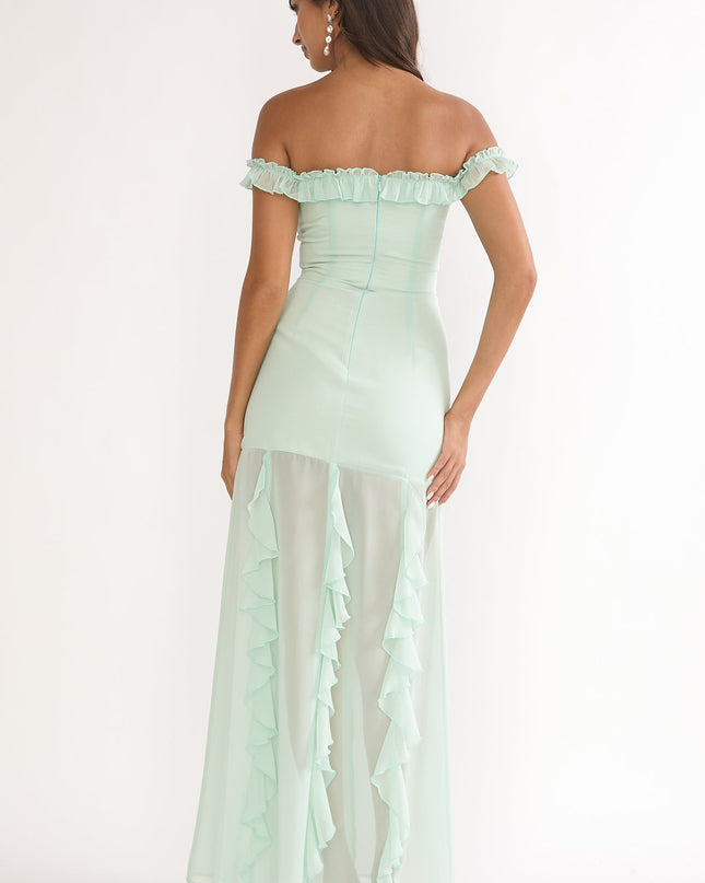 Sage Love Off Shoulder Frill Maxi Dress
