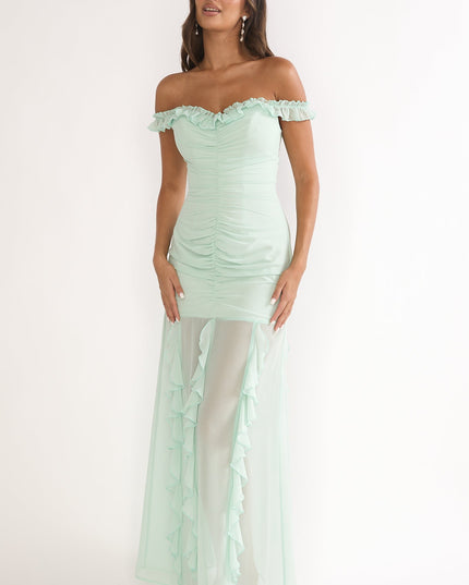 Sage Love Off Shoulder Frill Maxi Dress