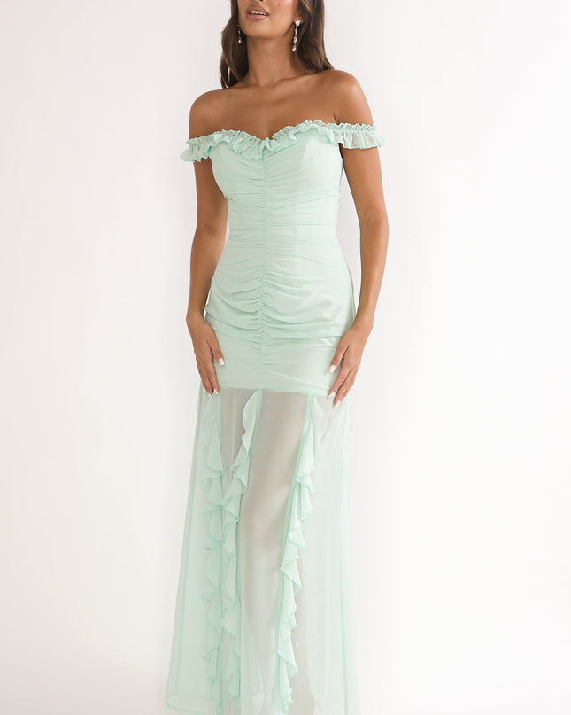 Sage Love Off Shoulder Frill Maxi Dress