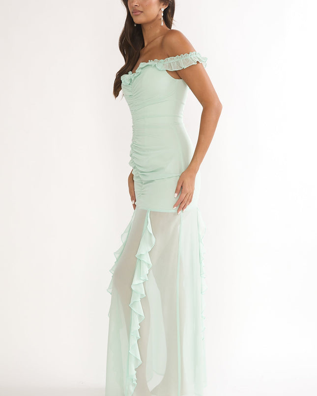 Sage Love Off Shoulder Frill Maxi Dress