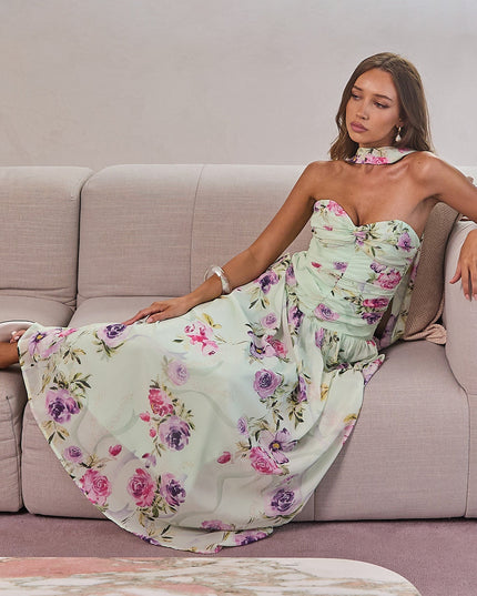 Mint Twist Bust Strapless Maxi Dress Floral