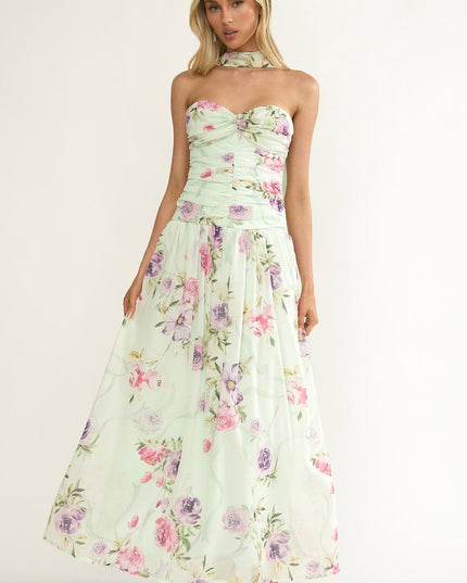 Mint Twist Bust Strapless Maxi Dress Floral