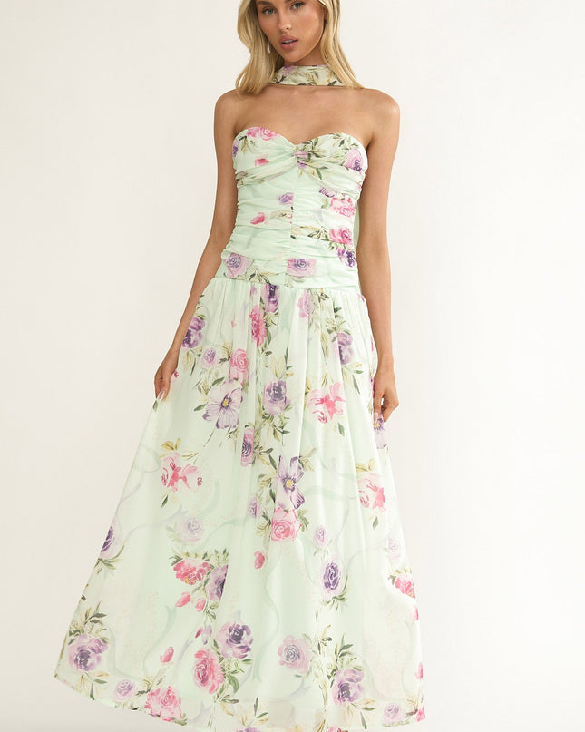 Mint Twist Bust Strapless Maxi Dress Floral
