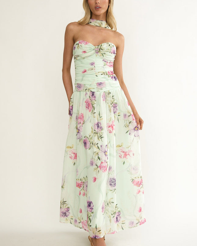 Mint Twist Bust Strapless Maxi Dress Floral