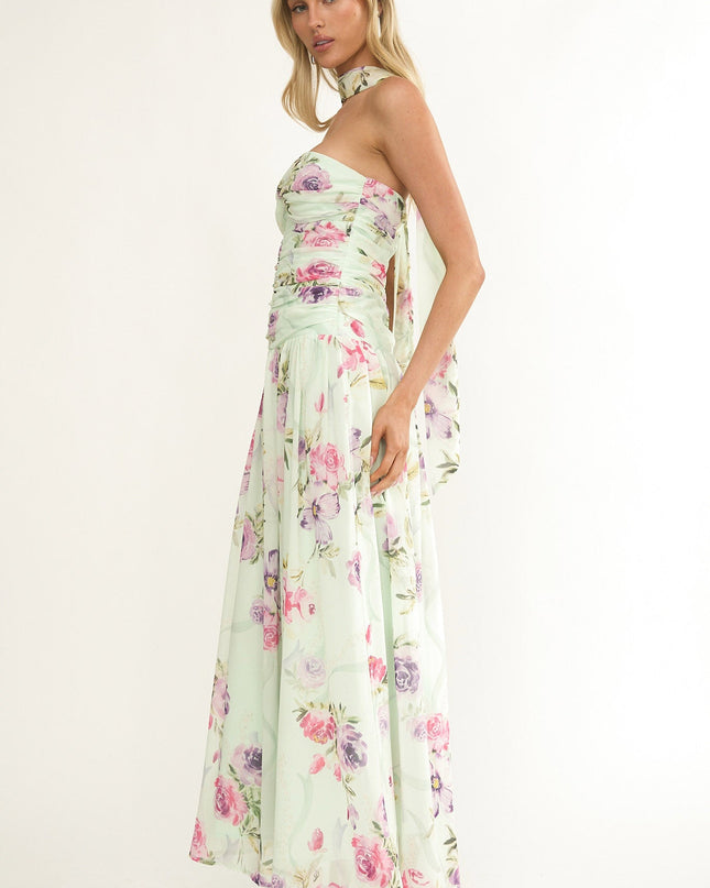 Mint Twist Bust Strapless Maxi Dress Floral