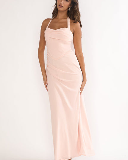 Pink Halterneck Pleat Waist Maxi Dress