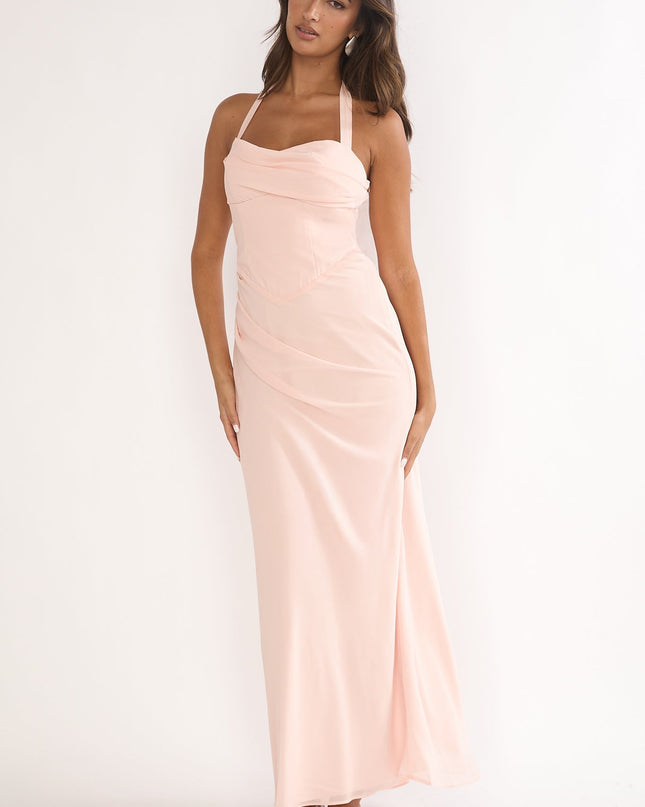 Pink Halterneck Pleat Waist Maxi Dress